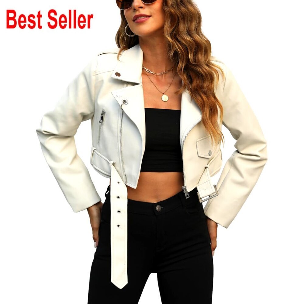 Cropped Faux Leather Bomber Jacket with Removable Belt and Pockets